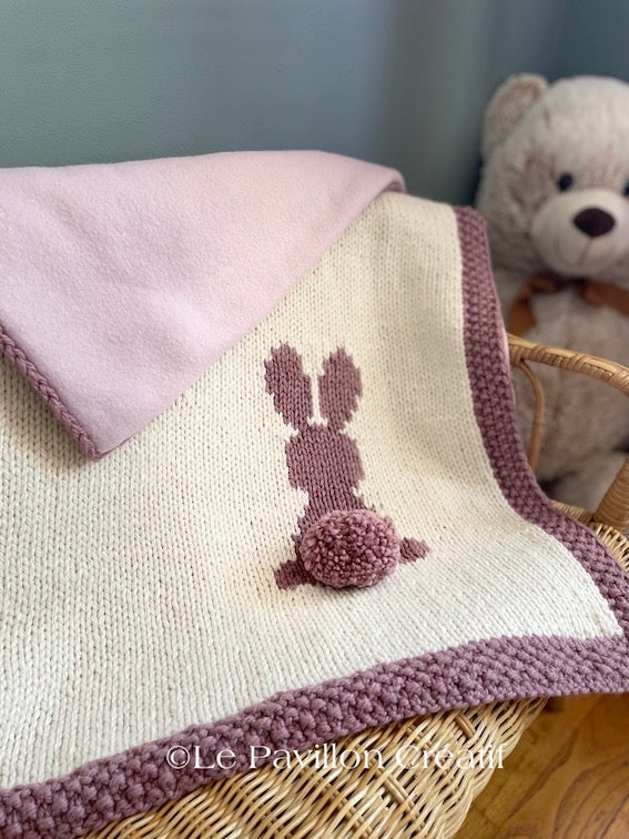 Couverture bébé en laine Lapin rose et pompon