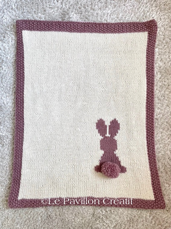 Couverture bébé en laine Lapin rose et pompon