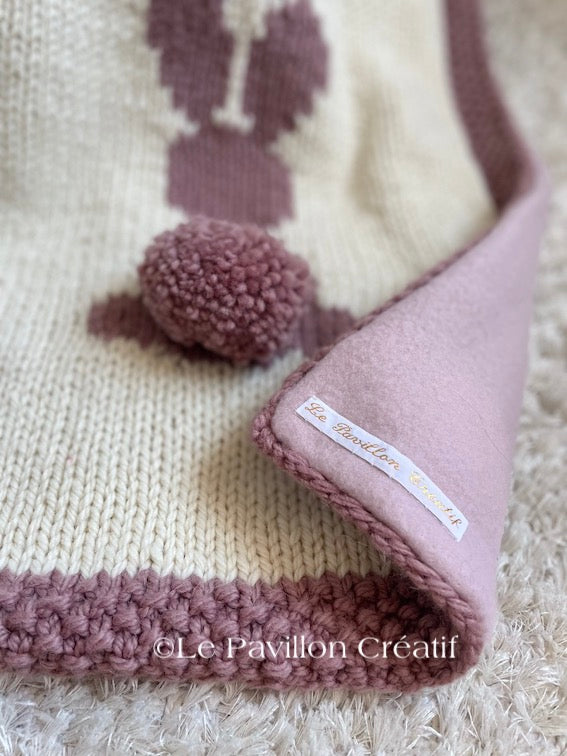 Couverture bébé en laine Lapin rose et pompon